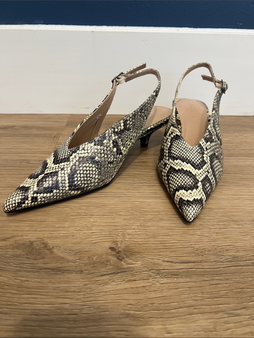 AQUA Women’s Pointed Toe Snake Print Slingback Heels